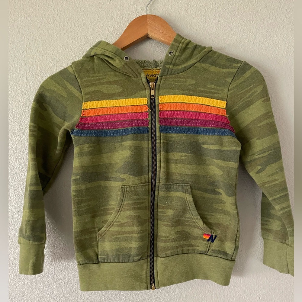 Aviator Nation Kids Green Camo Hoodie with Rainbow Stripes